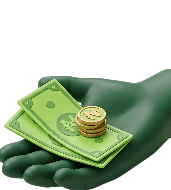 Hand holding cash notes and a small stack of coins