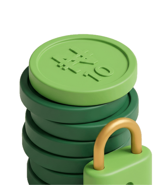 Stack of green coins secured with a gold padlock
