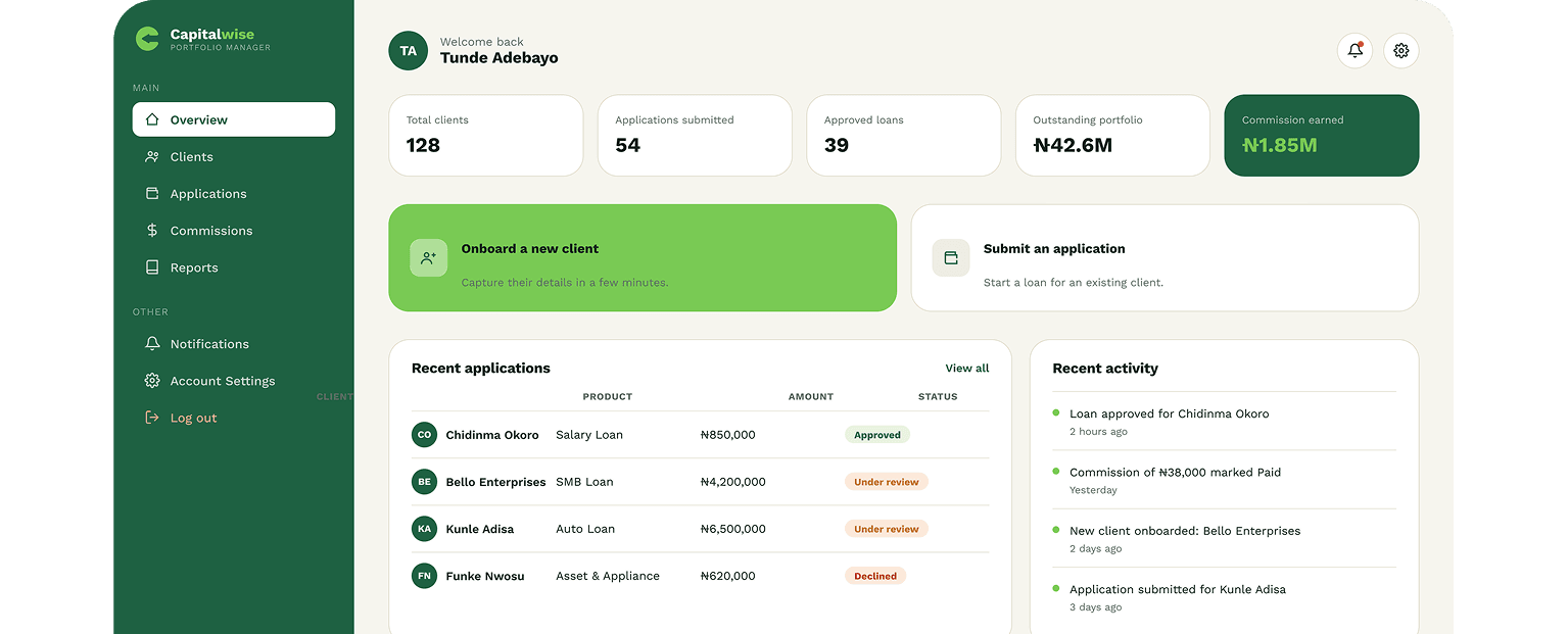 Portfolio Manager dashboard showing clients, applications, and facilities